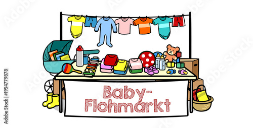 Babyflohmarkt Banner mit Kinderkleidung für Ankündigung von Flohmarkt