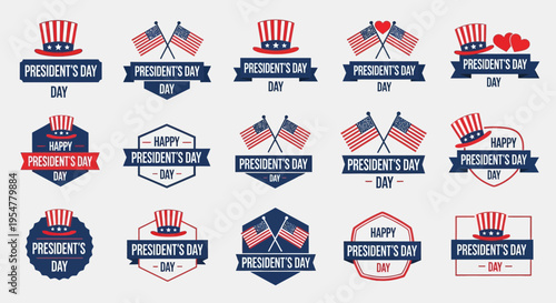 Presidents Day Badge Collection: Patriotic USA Holiday Graphic Elements with American Flags, Uncle Sam Hats, and Banners in Red White and Blue