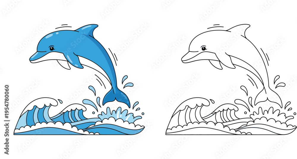 Obraz premium Dolphin Jumping Out of Ocean Waves Cartoon Illustration and Line Art Set for Kids Coloring Page, Vector Marine Animal Isolated on White Background