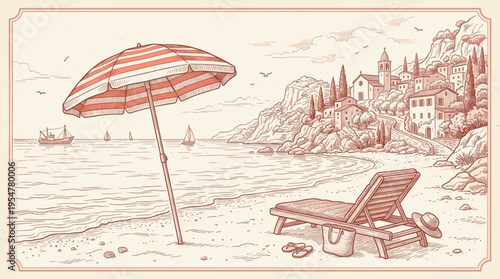 A charming hand-drawn illustration depicts a serene beach with a striped umbrella, lounge chair, and a picturesque village nestled on a cliff overlooking the sea.