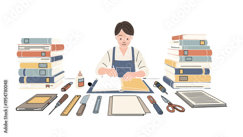 Bookbinding artistry: A dedicated artisan meticulously crafts a book, surrounded by tools and stacked volumes, in a scene of traditional craftsmanship and meticulous detail.