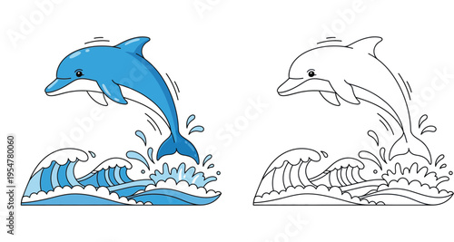 Dolphin Jumping Out of Ocean Waves Cartoon Illustration and Line Art Set for Kids Coloring Page, Vector Marine Animal Isolated on White Background