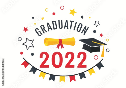 Class of 2022 Graduation Celebration Vector Graphic with Mortarboard Cap, Diploma Scroll, Festive Bunting, and Confetti Elements on White Background