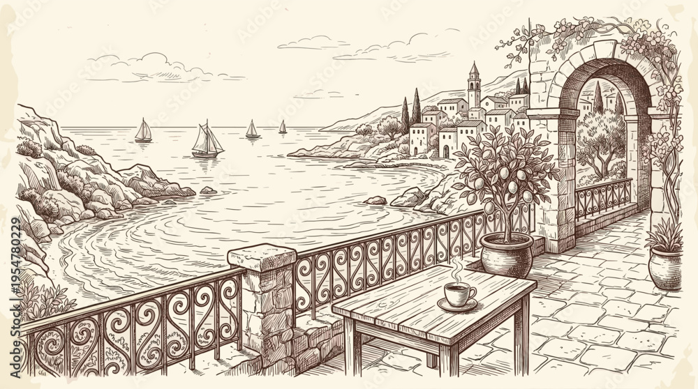 Obraz premium Hand-drawn sketch of a charming Mediterranean village with sailboats on the sea, viewed from a stone terrace with a table set for coffee.
