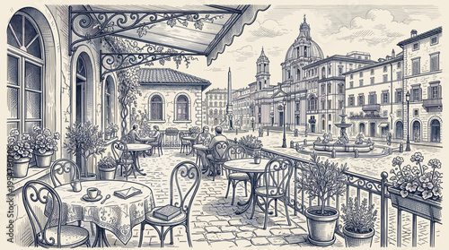 Hand-drawn sketch of a charming European cafe terrace with people dining and a cityscape in the background, evoking a romantic and classic atmosphere.
