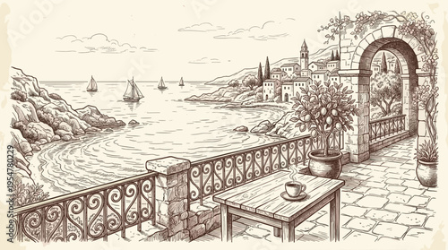 Hand-drawn sketch of a charming Mediterranean village with sailboats on the sea, viewed from a stone terrace with a table set for coffee.