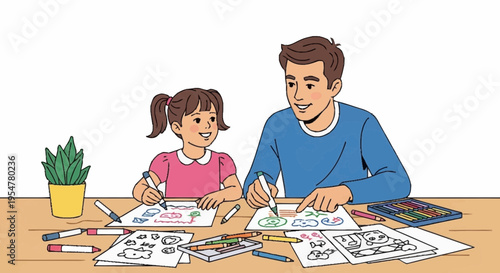 Father and Daughter Engaging in Creative Drawing Activity at Home