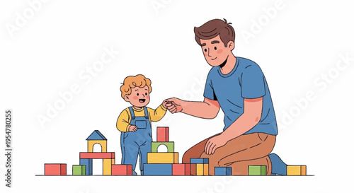 Father and Child Building Blocks Together in Playtime