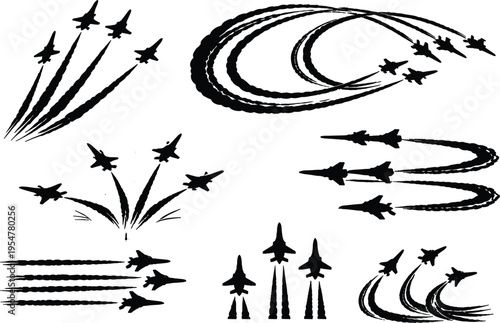 Aerobatic Jet Flight Maneuvers Vector Illustration – Jet Trails, Smoke Patterns, and Aircraft in Formation
