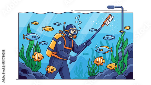 Underwater Aquarium Cleaning: An illustrated scene of a scuba diver meticulously cleaning an aquarium, amidst vibrant aquatic life and lush plants.