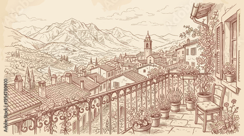 A charming sketch depicts a picturesque Italian village nestled in rolling hills, viewed from a balcony adorned with potted plants and flowers.
