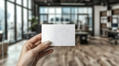 A white business card mockup in a woman's hand against the backdrop of a modern business center workroom is a concept for business style, presentation, and corporate identity