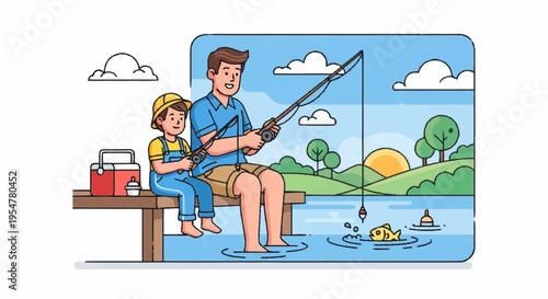Father and Son Enjoying a Day Fishing Together by the Lake