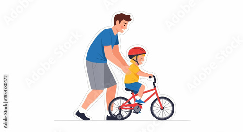 Father Teaching Child to Ride Bicycle in Safe Environment