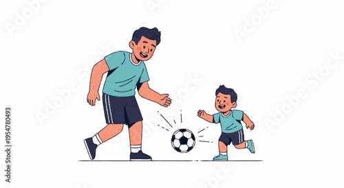 Father and Son Playing Soccer Together in a Sunny Park