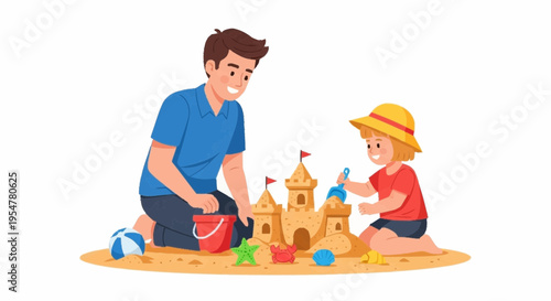 Father and Child Building Sandcastles on a Beach