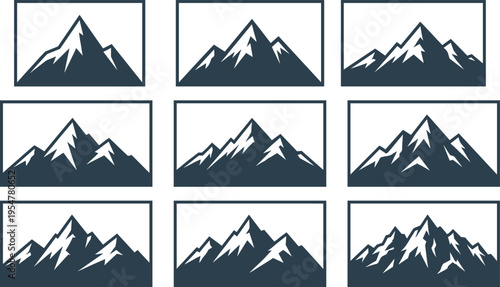 Set of mountain peaks vector silhouettes with snow caps, variety of alpine range landscapes for outdoor adventure travel designs