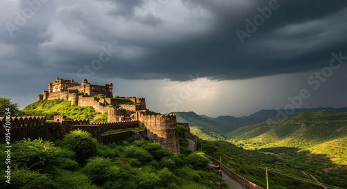: Majestic Hilltop Castle Against Dramatic Cloudy Sky Scene