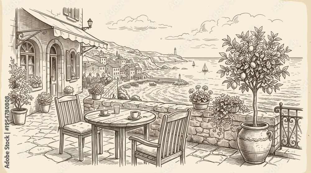 Fototapeta premium A charming sketch depicts an outdoor cafe terrace overlooking a picturesque coastal town with a lighthouse and sailboats.