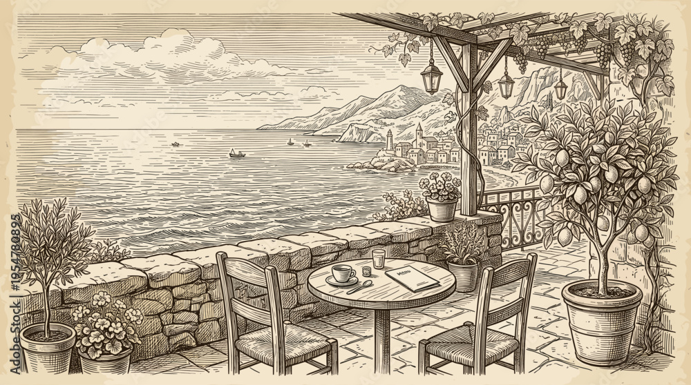 Fototapeta premium Hand-drawn sketch of a charming Mediterranean cafe terrace overlooking the sea, featuring a table for two, potted plants, and a coastal town in the distance.