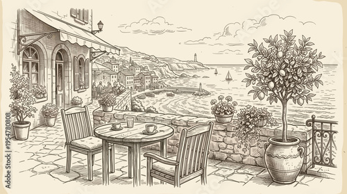 A charming sketch depicts an outdoor cafe terrace overlooking a picturesque coastal town with a lighthouse and sailboats.