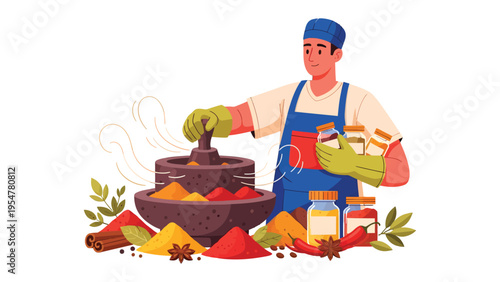 Spice Merchant: A vibrant illustration captures a spice merchant meticulously preparing and presenting a colorful array of aromatic spices, a testament to culinary artistry.