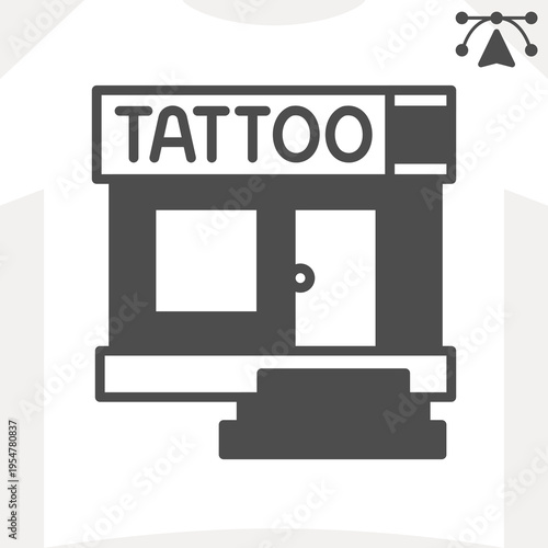 Tattoo studio house solid icon, storefront concept. Vector graphics. Parlor or studio house window with steps and an entrance door sign and editable stroke, glyph style icon for mobile or web design.