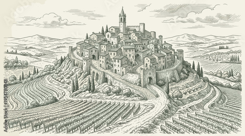 An artistic sketch depicts a charming hilltop village surrounded by rolling vineyards and countryside, rendered in a classic pen and ink style, evoking a sense of rustic European tranquility.