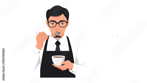 The Art of Tasting: A focused individual in an apron, meticulously savoring a spoonful of prepared herbs, highlighting the precision and sensory experience of culinary art.