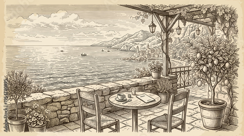 Hand-drawn sketch of a charming Mediterranean cafe terrace overlooking the sea, featuring a table for two, potted plants, and a coastal town in the distance.