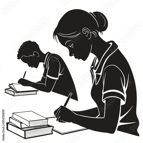 Dedicated students concentrate deeply on their studies writing notes in class with textbooks