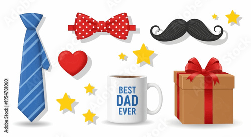 Father s Day Celebration Icons Tie Bowtie Mustache Coffee Mug Gift Box Heart Stars