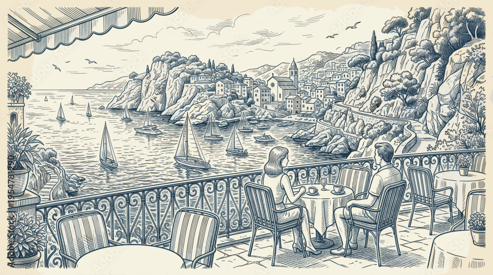 Naklejka premium A romantic couple sits at a table on a balcony, overlooking a picturesque coastal town with sailboats in the harbor.