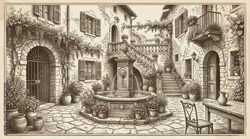 A charming sepia-toned sketch of an Italian courtyard featuring a stone fountain, potted plants, and vine-covered architecture evoking a sense of timeless romance and tranquility.
