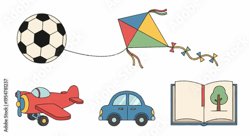 Children s Entertainment and Learning Objects Collection Ball Kite Toy Plane Car and Open Book
