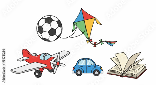 Collection of diverse childhood playthings and learning materials