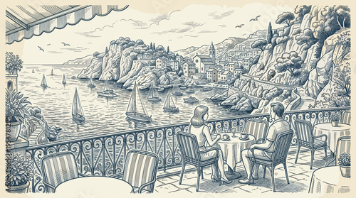 A romantic couple sits at a table on a balcony, overlooking a picturesque coastal town with sailboats in the harbor.