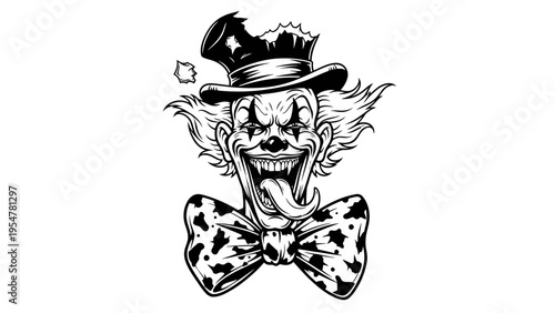 Scary Clown Face Black and White Illustration with Top Hat and Bowtie