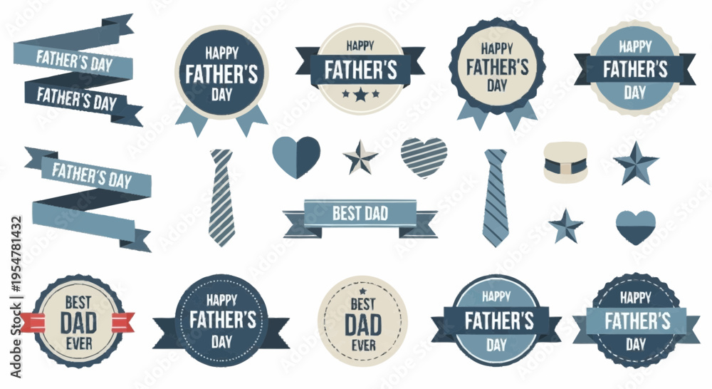Fototapeta premium Father s Day Celebration Design Elements Set Ribbons Badges Ties and Hearts