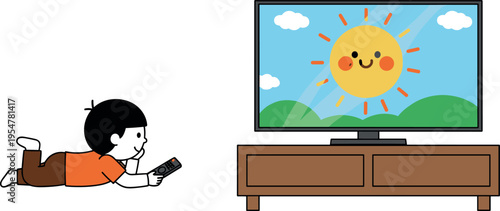 Cute child lying on floor watching television cartoon, holding remote control, colorful vector illustration of home entertainment, leisure time, technology and modern family lifestyle