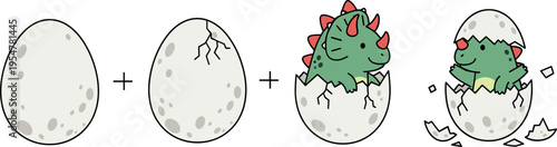 Cute dinosaur hatching from egg cartoon sequence, baby dino breaking shell stages illustration, playful prehistoric animal growth concept vector set isolated on background