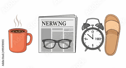 Morning Routine Objects Coffee Newspaper Alarm Clock Slipper Daily Habits Wake Up