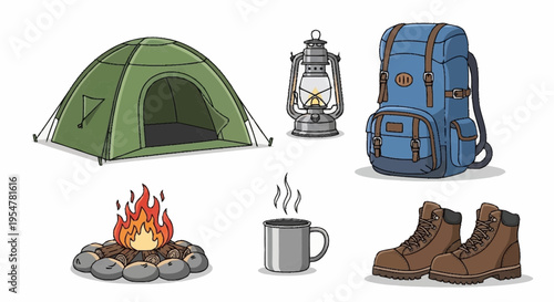 Camping Gear Collection Tent Backpack Boots Lantern Campfire and Mug
