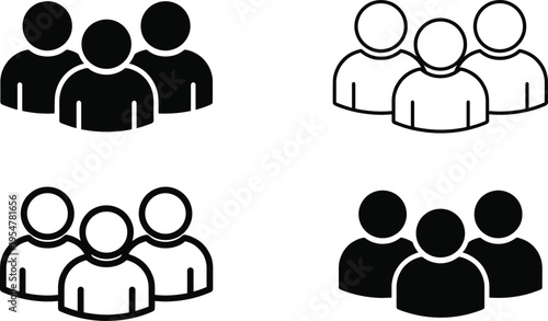 Set of group icon silhouettes and outlines representing teamwork, community, people, user profile, leadership, and diverse social networking audience