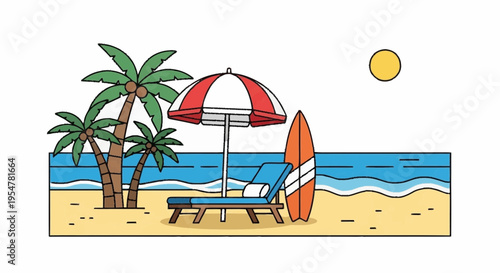 Tropical Beach Scene with Lounge Chair Umbrella and Surfboard