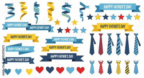 Father s Day Celebration Elements Collection Ties Ribbons Hearts and Stars for Festive Design