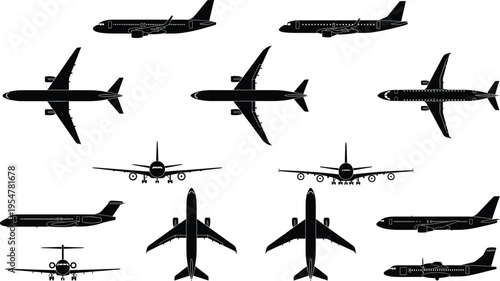 Set of commercial airplane silhouettes including passenger jets, private planes, and cargo aircraft icons isolated on white background