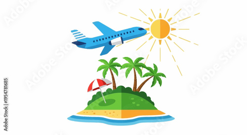 Airplane Flying Over Tropical Island Paradise with Palm Trees and Sun
