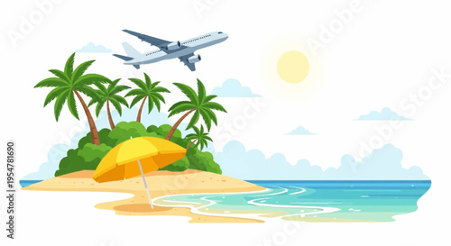Tropical Island Vacation Getaway with Airplane and Beach Umbrella
