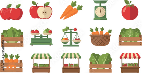 Fresh fruits and vegetables market icon set with apples, carrots, lettuce crates and weighing scales, colorful isolated vector illustration for organic food and grocery design